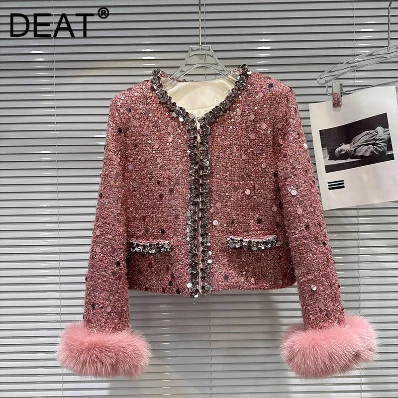 Winter New Fashion Fox Fur Sleeve Sequin Tweed Cotton Short Coat For Women Covered Button Jacket Female 11A07857