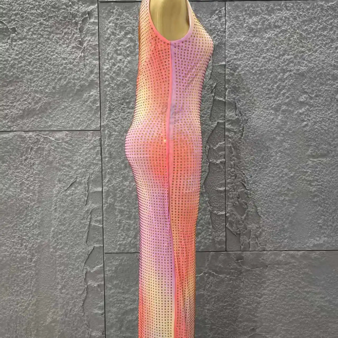 Shinning Rhinestones Women Sleeveless Sexy O-Mecl Bodycon Long Dress Mesh High Stretch Celebrate Evening Party Cocktail Dress