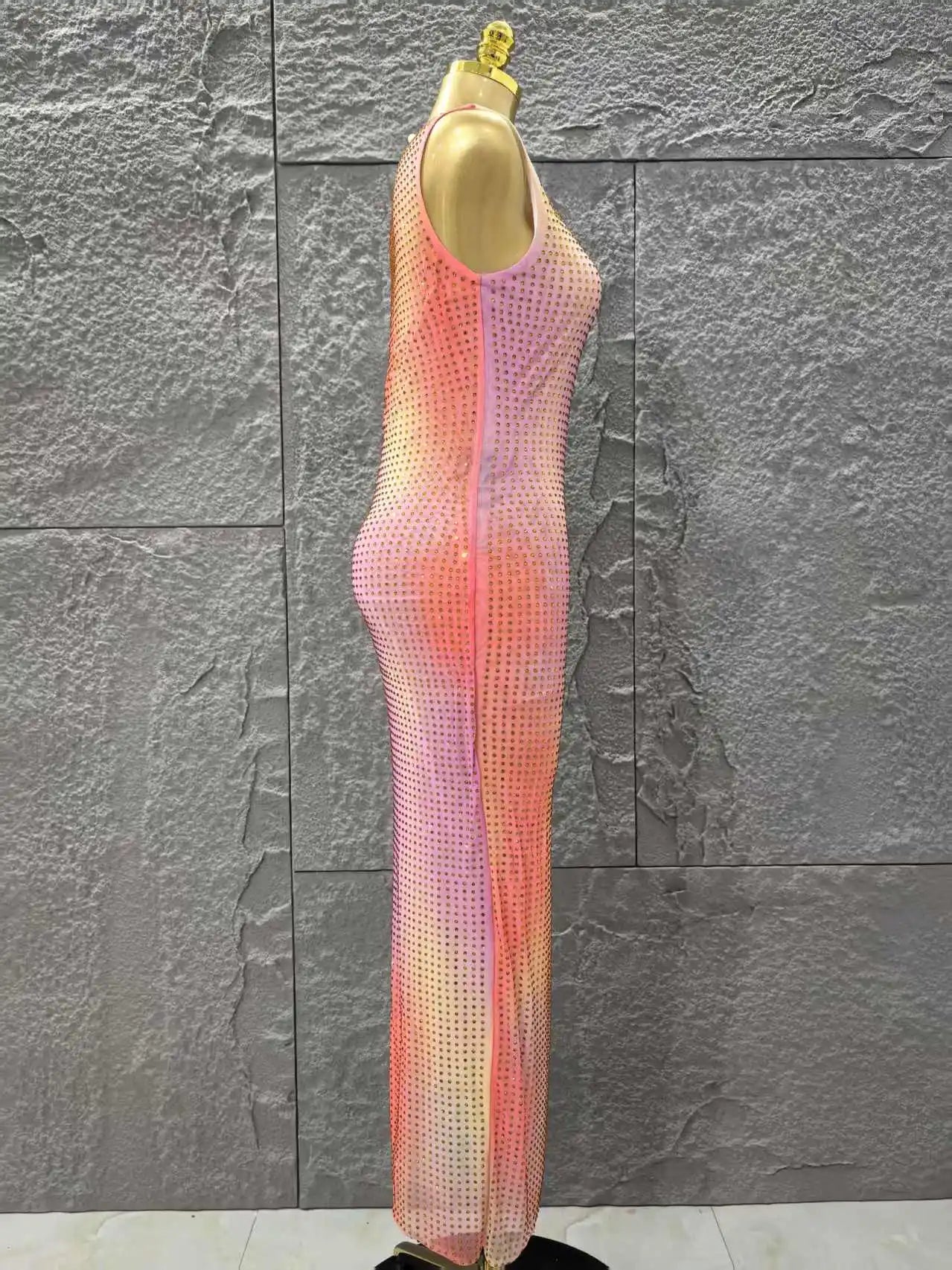 Shinning Rhinestones Women Sleeveless Sexy O-Mecl Bodycon Long Dress Mesh High Stretch Celebrate Evening Party Cocktail Dress