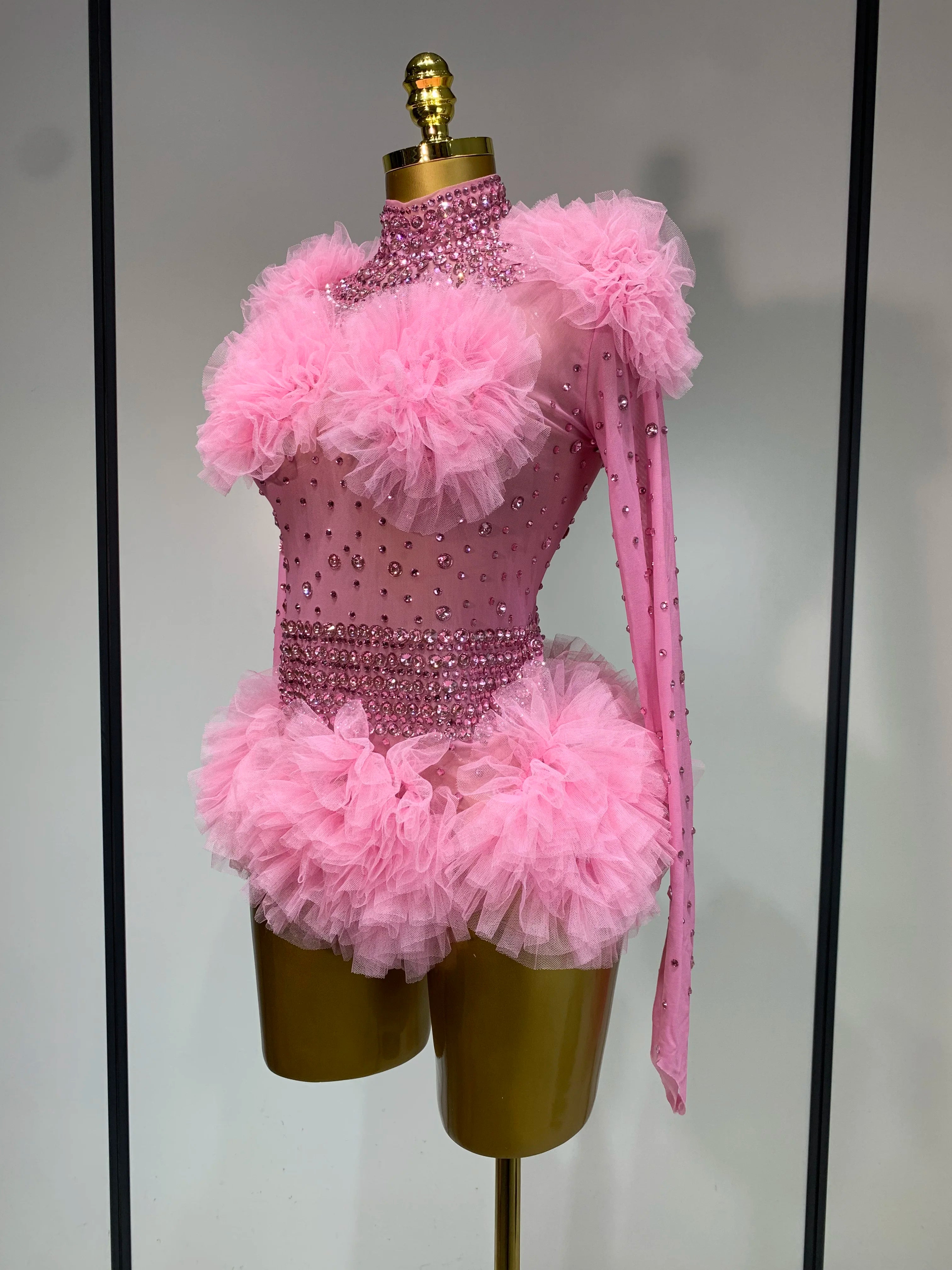 Sexy See Through Rhinestone Bodysuit 2025 Women Sexy Tight Mesh Ruffles Performance Dancer Singer Costume Nightclub Stage Outfit