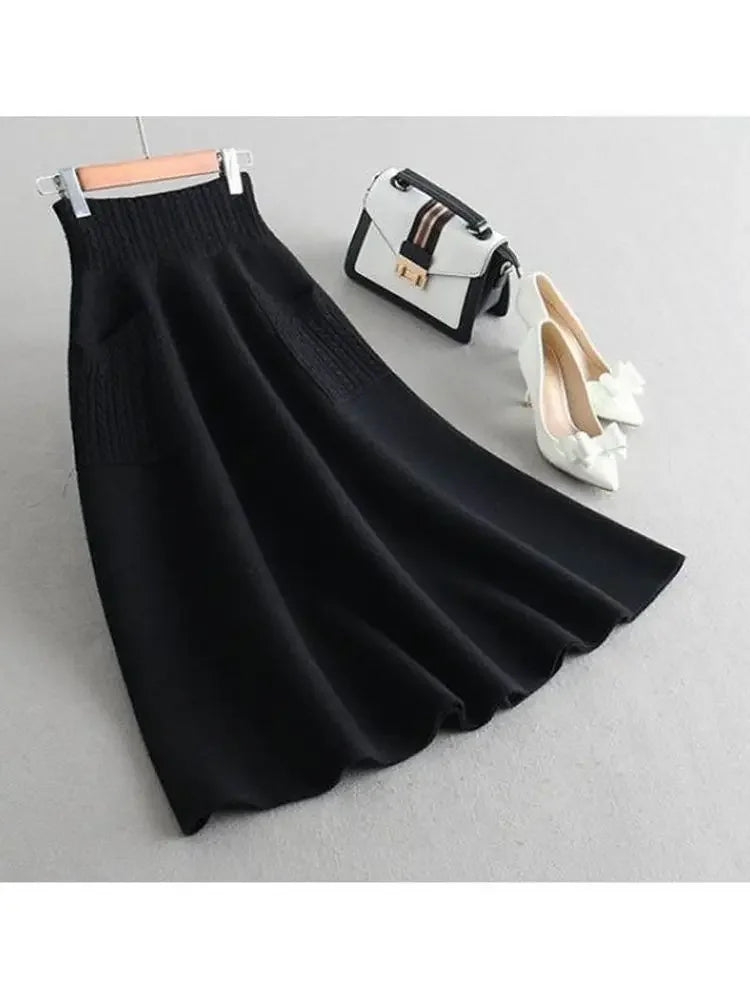 Autumn Winter Warm Wool Knitting Long Skirts Women High Waist with Pocket Loose Female Solid Knit Mid-Calf Skirt B790 black