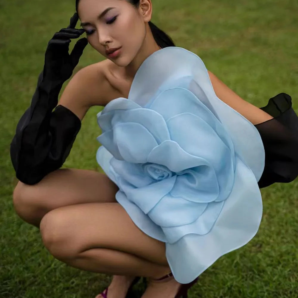 2023 Summer Women'S Dress Sexy One Shoulder Sleeveless 3D Mesh Flower Patchwork Satin Mini White Wedding Dress