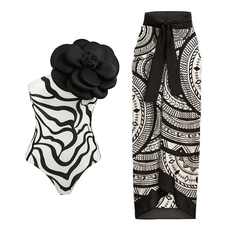 ZAFUAZ Sexy Swimwear Printd Flower Push Up Bikini Set Brazilian Skirt Women Swimsuit Beachwear Bathing Suit Dress Monokini