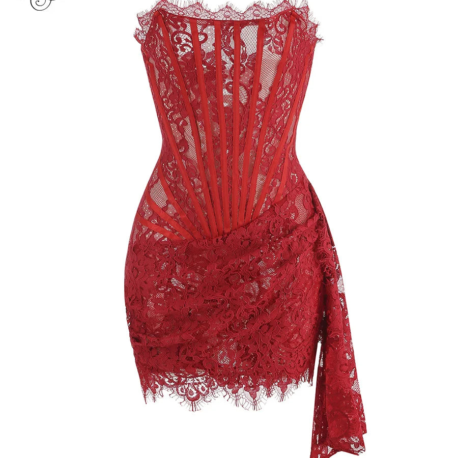 VC Christmas Dress For Women Red Lace Sexy Strapless Sleeveless Slim Supper Short Dress With Lace-Up