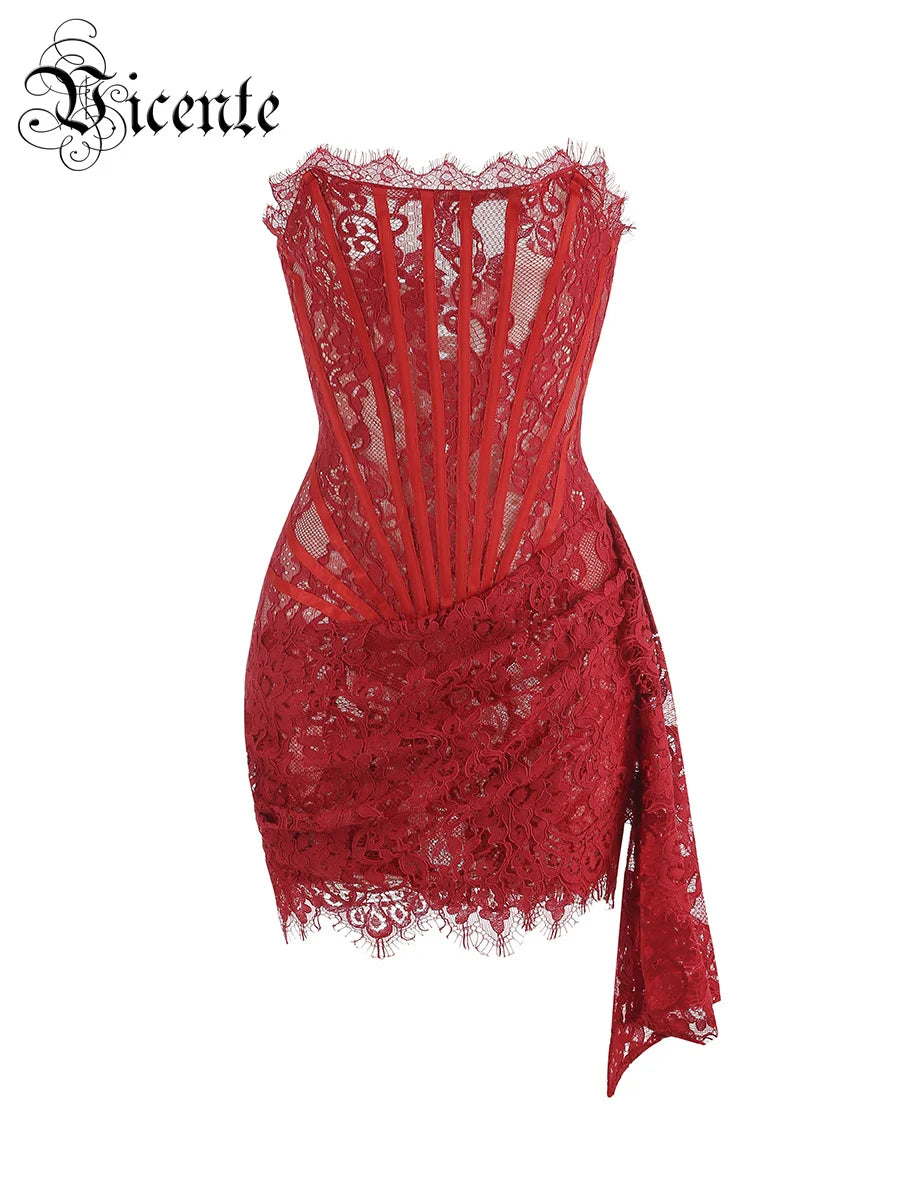 Christmas Dress For Women Red Lace Sexy Strapless Sleeveless Slim Supper Short Dress With Lace-Up