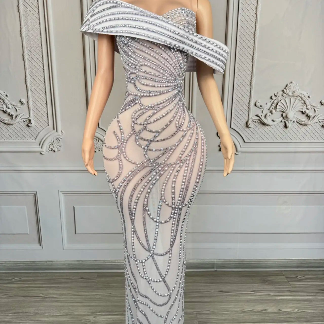 High-end Luxury Pearls Elegant Evening Gown Sheer Mesh Tight Fitting Long Dress Festival Prom Outfit Club Wear Party Dress Moli
