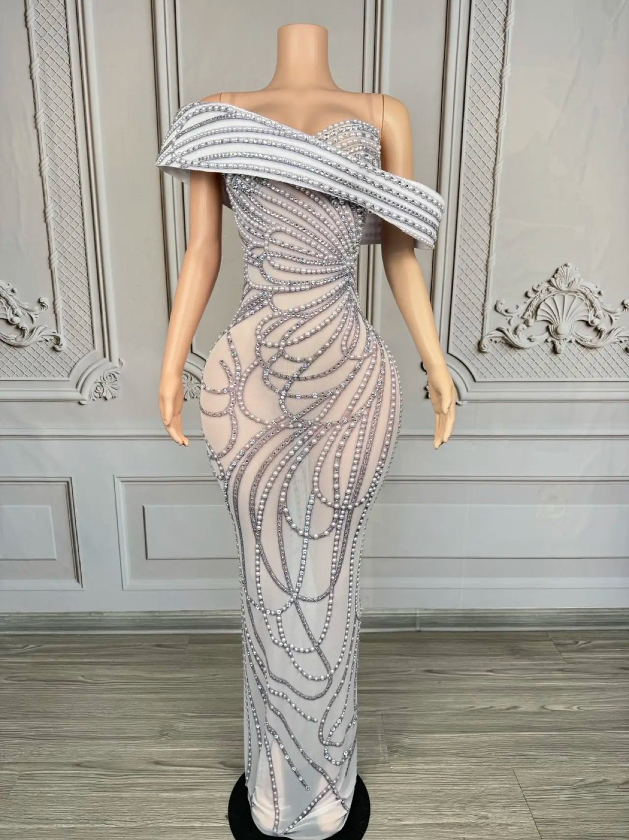High-end Luxury Pearls Elegant Evening Gown Sheer Mesh Tight Fitting Long Dress Festival Prom Outfit Club Wear Party Dress Moli