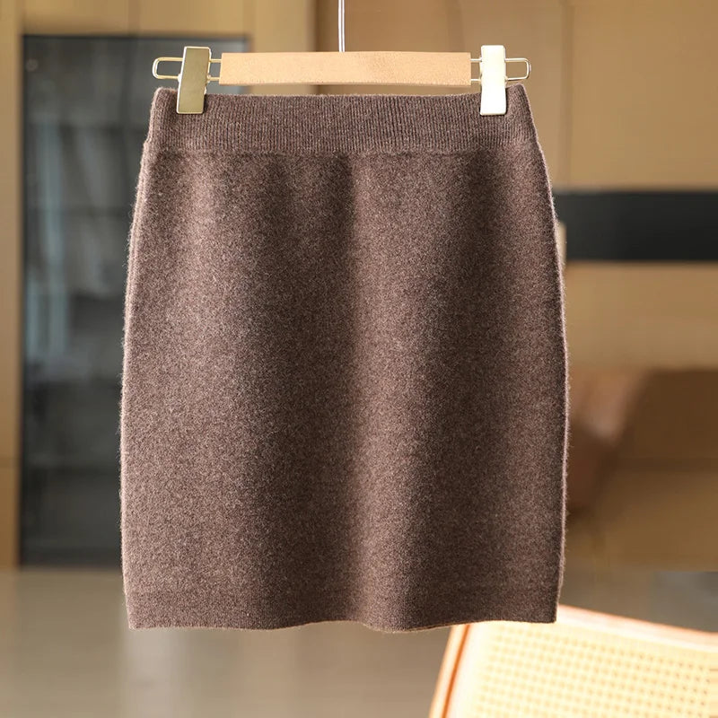 Autumn Winter New 100% Wool Short Skirt Women High Waist Knitted A-line Skirt Slimming and Versatile Hip hugging One Step Skirt 087 Mocha