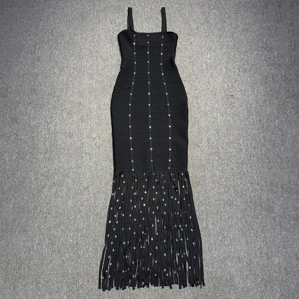 Black Diamond Tassel Spaghetti Straps Long Dress Backless Sleeveless Fringed Patchwork Bodycon Evening Party Gowns black