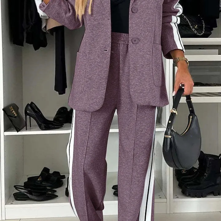 CM.YAYA Elegant Women Pants Suit and Long Sleeve Blazer Matching Set OL Streetwear Two 2 Piece Set 2024 Winter Ribbon Outfits Purple