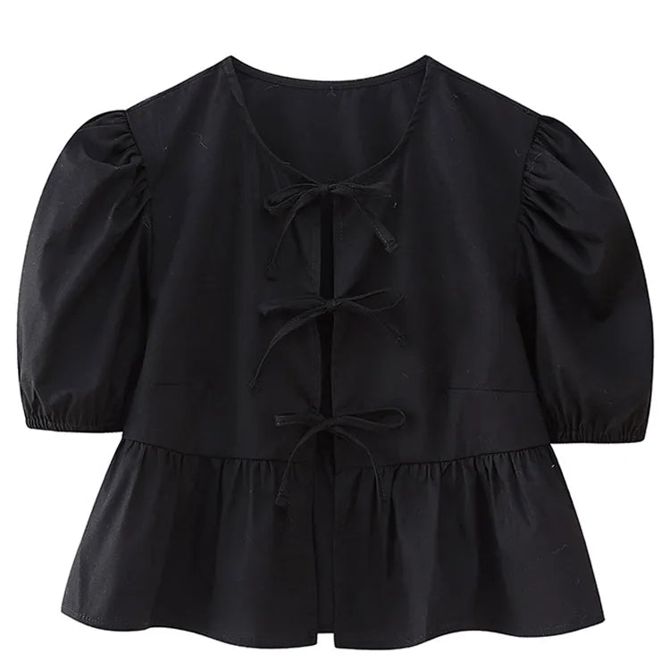 Bow Tied Lace Up Shirt Women Pleats Office Puff Sleeve Female Chic Slim Solid Tops Summer Sweet Lady V Neck Tops