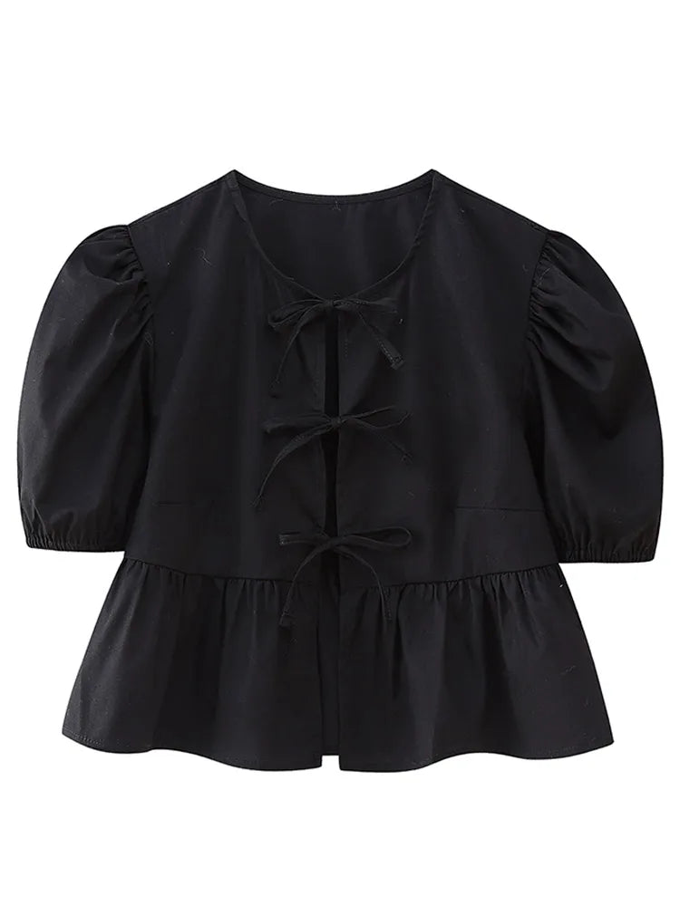 Bow Tied Lace Up Shirt Women Pleats Office Puff Sleeve Female Chic Slim Solid Tops Summer Sweet Lady V Neck Tops