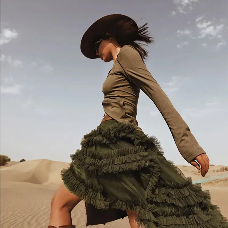 3 Colors Women's Irregular Hem Ball Gown Long Skirt Tulle Ruffles Multilayers Skirt Ladies Fairy Gauze Maxi Skirts Female Outfit