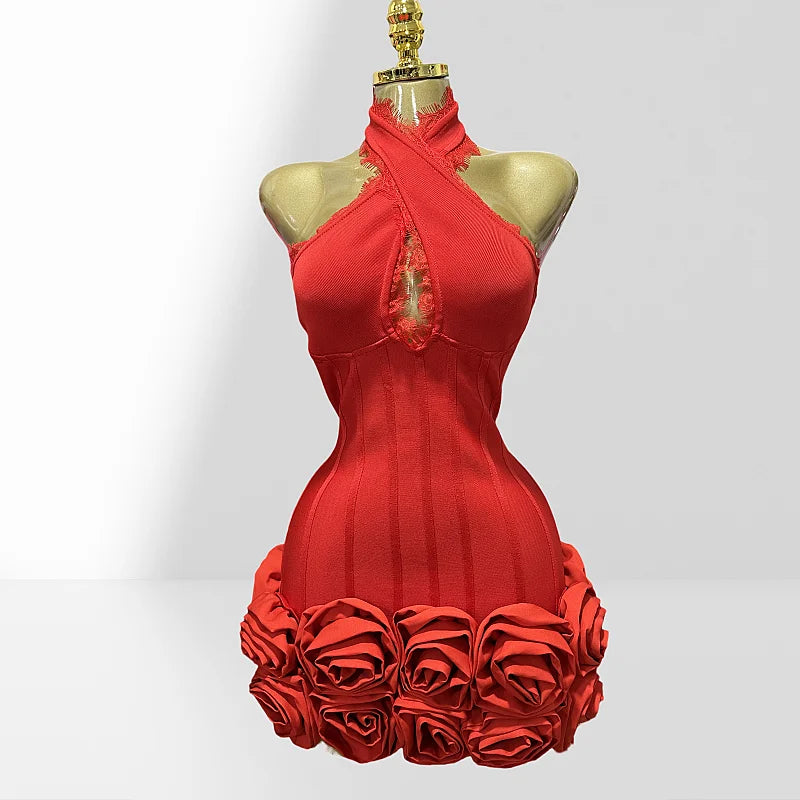 Stereoscopic Folwer Sexy Deep V-Neck Halter Sheath Red Bandage Mini Dress Sweet Woman Birthday Party Dress Music Festival Outfit