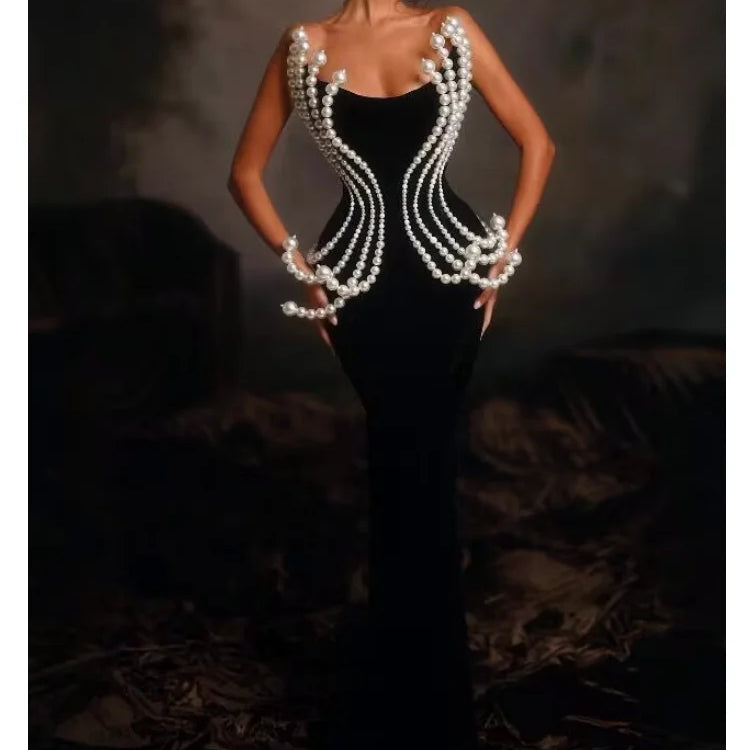 Luxury Pearl Geometric Design Strapless Package Hips Bandage Long Dress Elegant Woman Party Dress Celebrity Party Vestido black