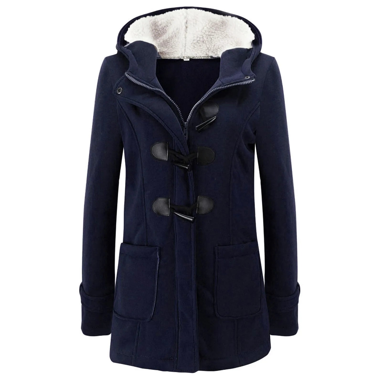 Womens Winter Coats Thicken Sherpa Lined Jacket Fashion Horn Button Hooded Outwear Warm Wool Blended Pea Coat Pockets Navy Blue