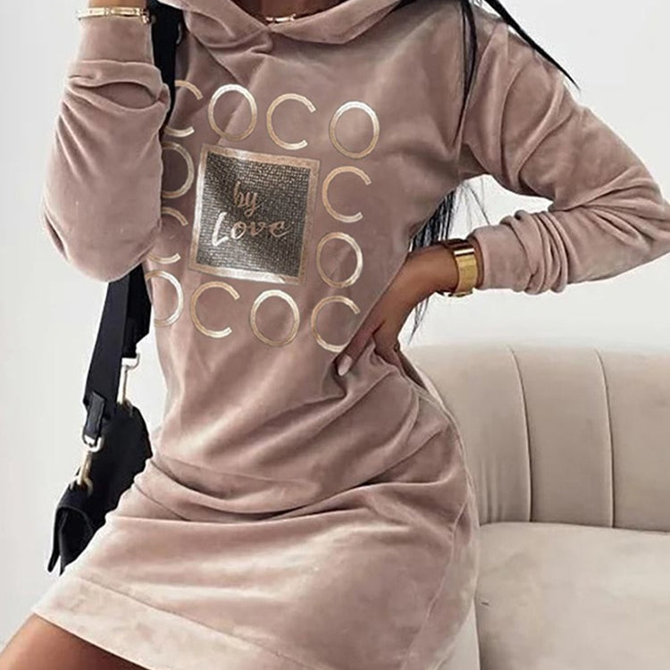 Women Long Sweater Dresses LOVE Print Hooded Loose High Collar Sweatshirts Long Sleeve Pullover Fall Winter Y2K Street Style Top Pink
