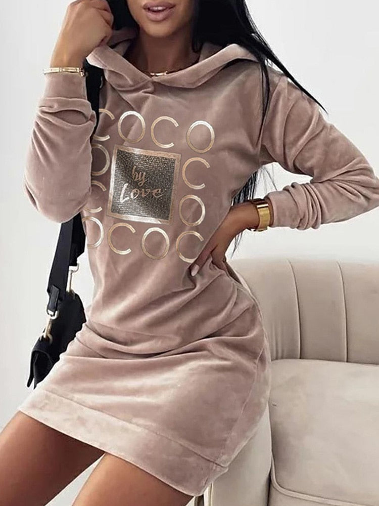 Women Long Sweater Dresses LOVE Print Hooded Loose High Collar Sweatshirts Long Sleeve Pullover Fall Winter Y2K Street Style Top Pink