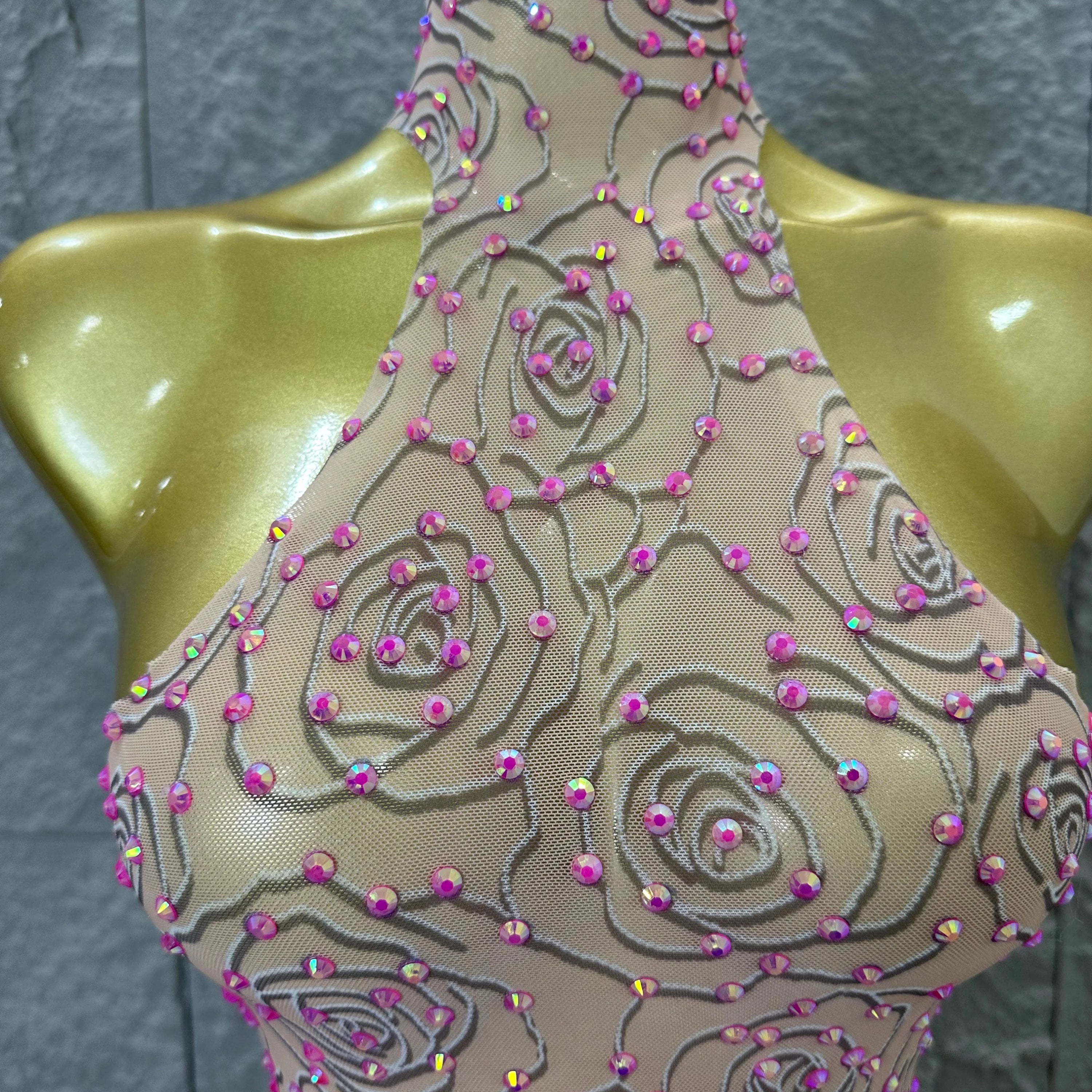 Sexy Glamorous Nude Halter Neck Maxi Dress Sheer Mesh 3D Rose Beaded Embellished Bodycon Nightclub Party Outfit