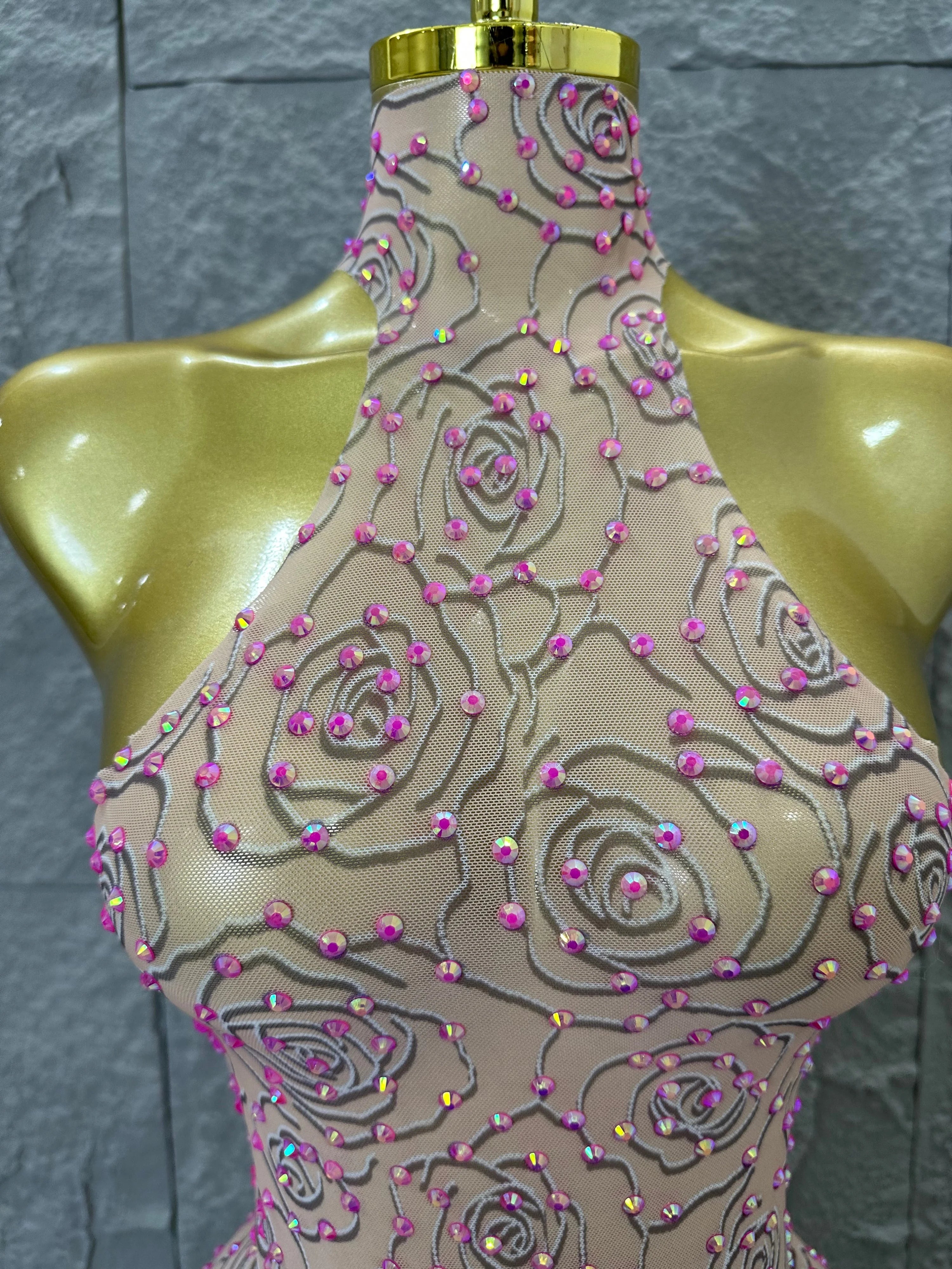 Sexy Glamorous Nude Halter Neck Maxi Dress Sheer Mesh 3D Rose Beaded Embellished Bodycon Nightclub Party Outfit