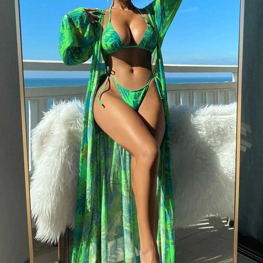 3 Pieces Triangle String Bikini Swimsuit Women & Kimono Swimwear Female Sexy Bathers Bathing Swimming Swim Suit Beachwear Green