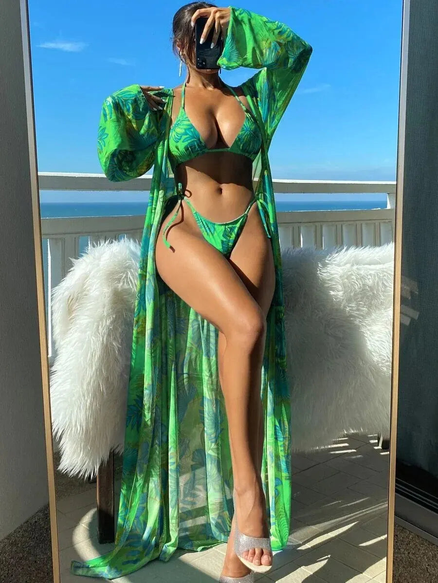 3 Pieces Triangle String Bikini Swimsuit Women & Kimono Swimwear Female Sexy Bathers Bathing Swimming Swim Suit Beachwear Green