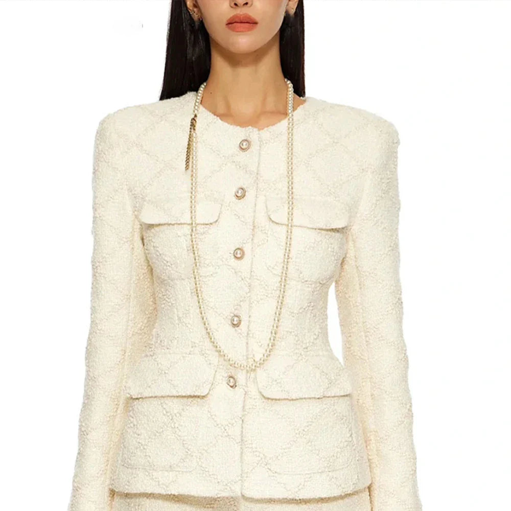 Solid Temperament Two Piece Sets For Women O Neck Long Sleeve Coat High Waist Shorts Elegant Set Female Fashion New BEIGE TOP