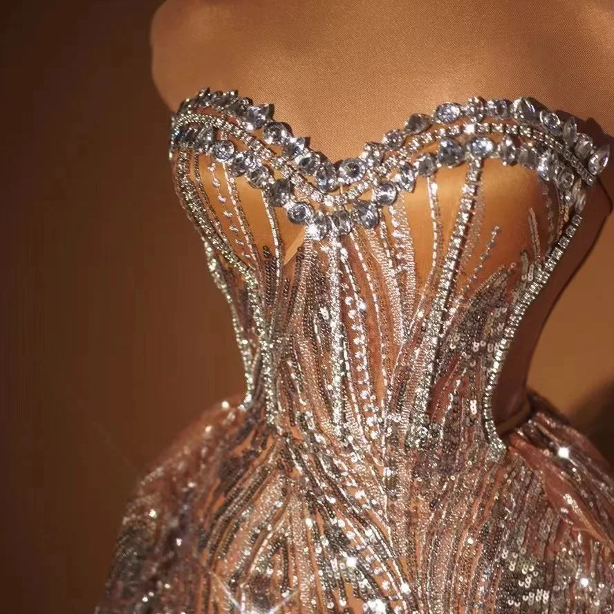 2024 Silver Sparkly Crystal Women Strapless Laced-up 2 Pieces Long Dress Celebrate Birthday Photo Shoot Performance