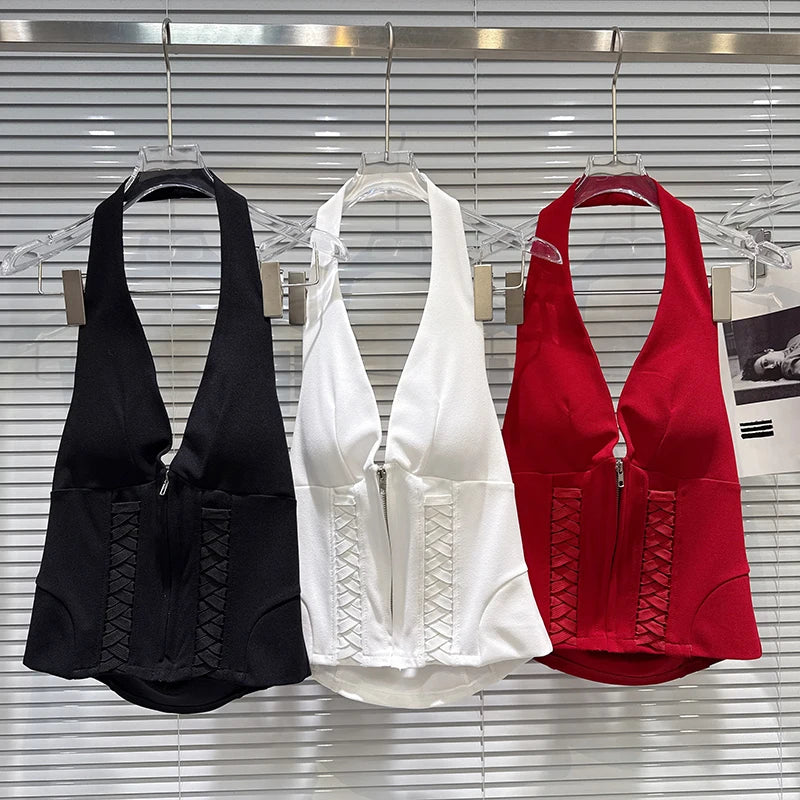 Winter New Fashion Drawstring Strap Design Backless Slim Chest Pad Halter Top For Women Solid Color Vest 11A07940