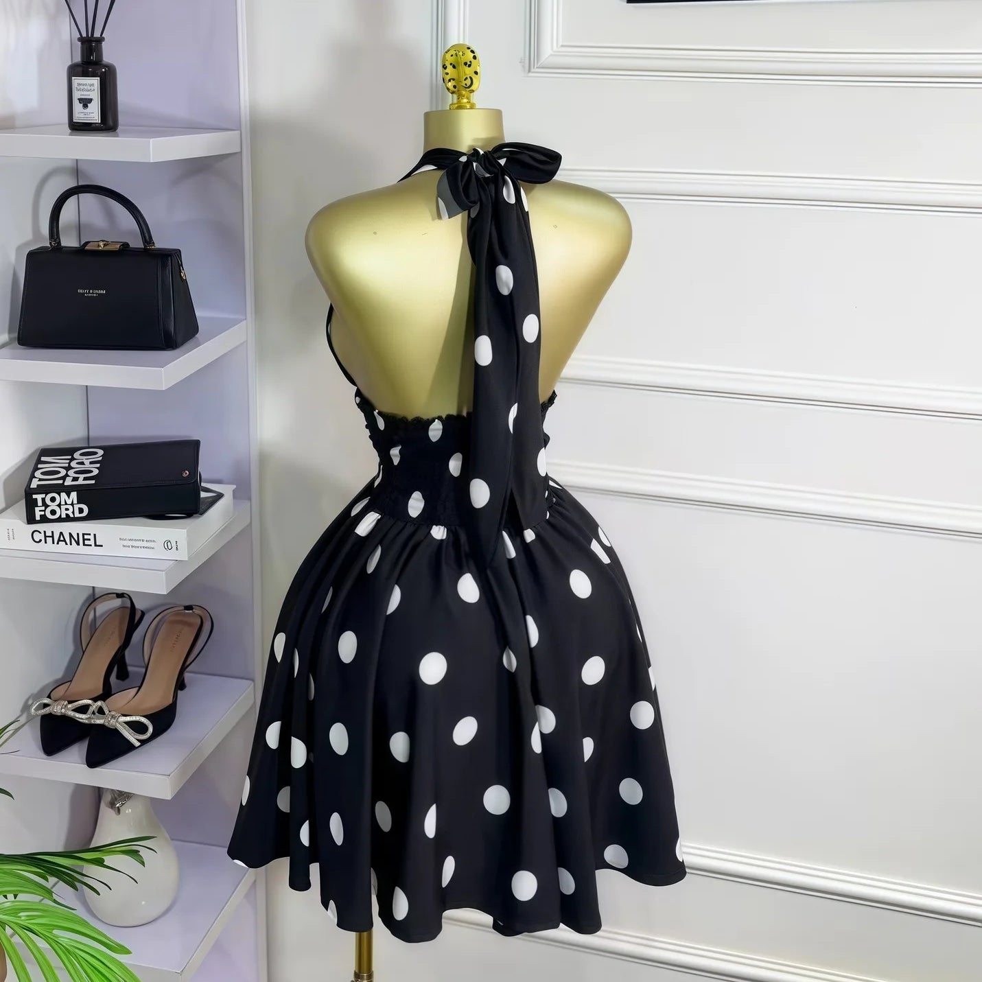 CM.YAYA Women Dot Printed Sleeveless Halter V-neck Big Swing A-line Mini Dress 2025 Summer Vacation Sexy Party Evening Dresses