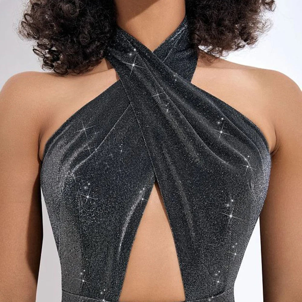 Silver Color Women Sexy Halter Backless Keyholes Slim Jumpsuit Celebrate Nightclub Party Birthday Vacation Fashion Wear