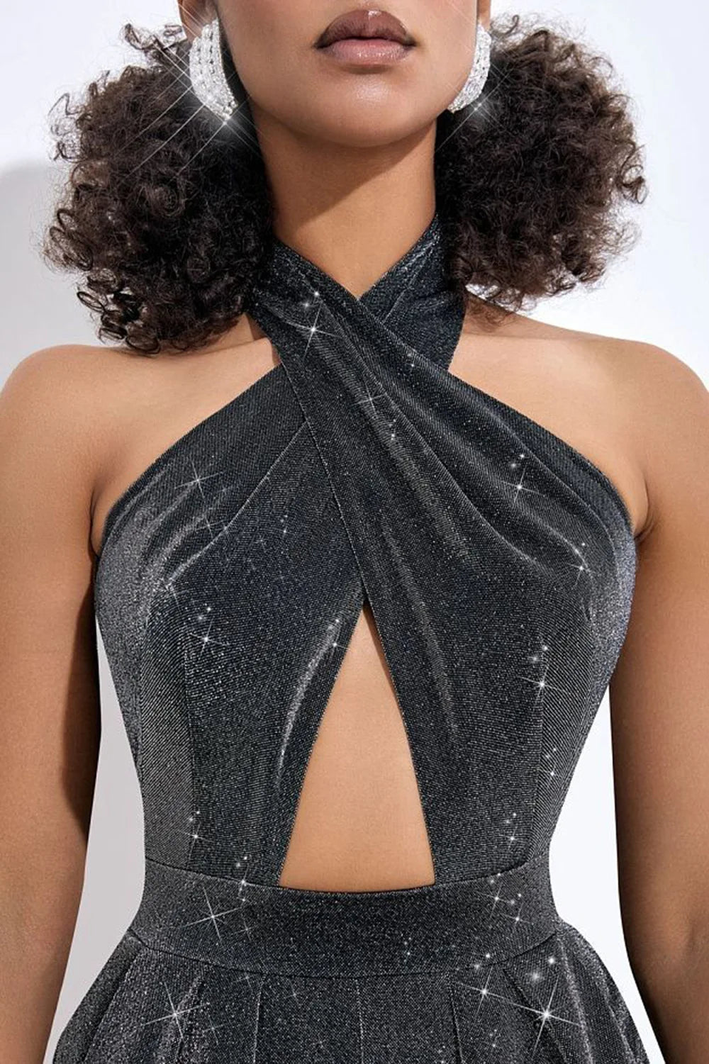 Silver Color Women Sexy Halter Backless Keyholes Slim Jumpsuit Celebrate Nightclub Party Birthday Vacation Fashion Wear