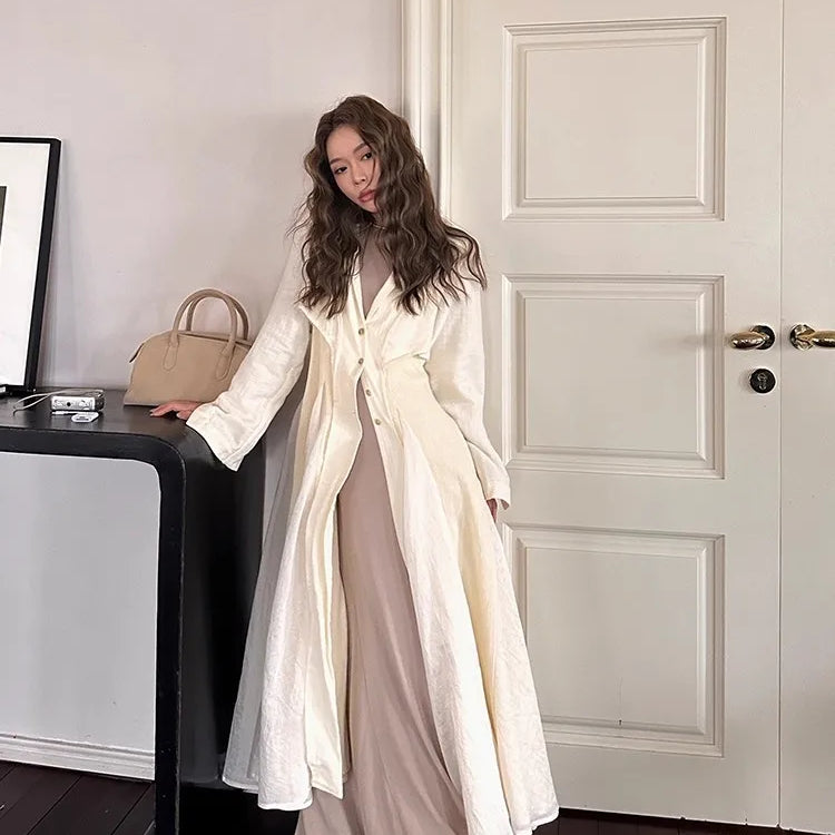 Lautaro Autumn Long Thin Flowy Fit and Flare Linen Coat for Women Black Elegant Chic Luxury Designer Clothes Runway Fashion 2025 Black