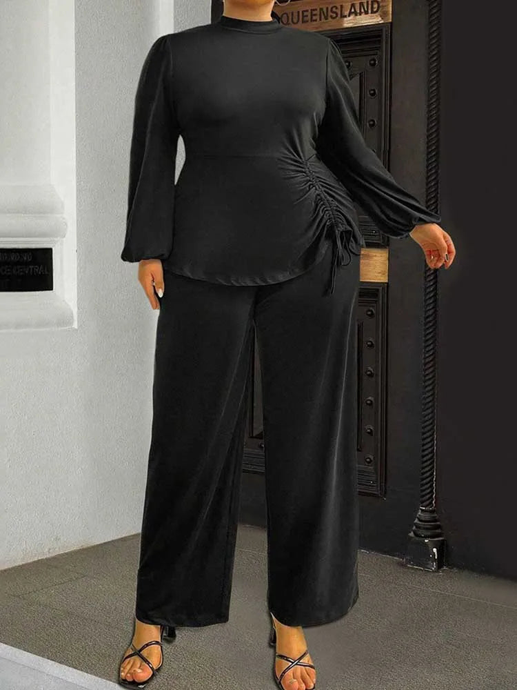 Autumn Plus Size Top and Pant Suit for Women 2 Pieces Pant Sleeve Ladies Pleated Elegant Casual Outfits Wholesale Dropshipping