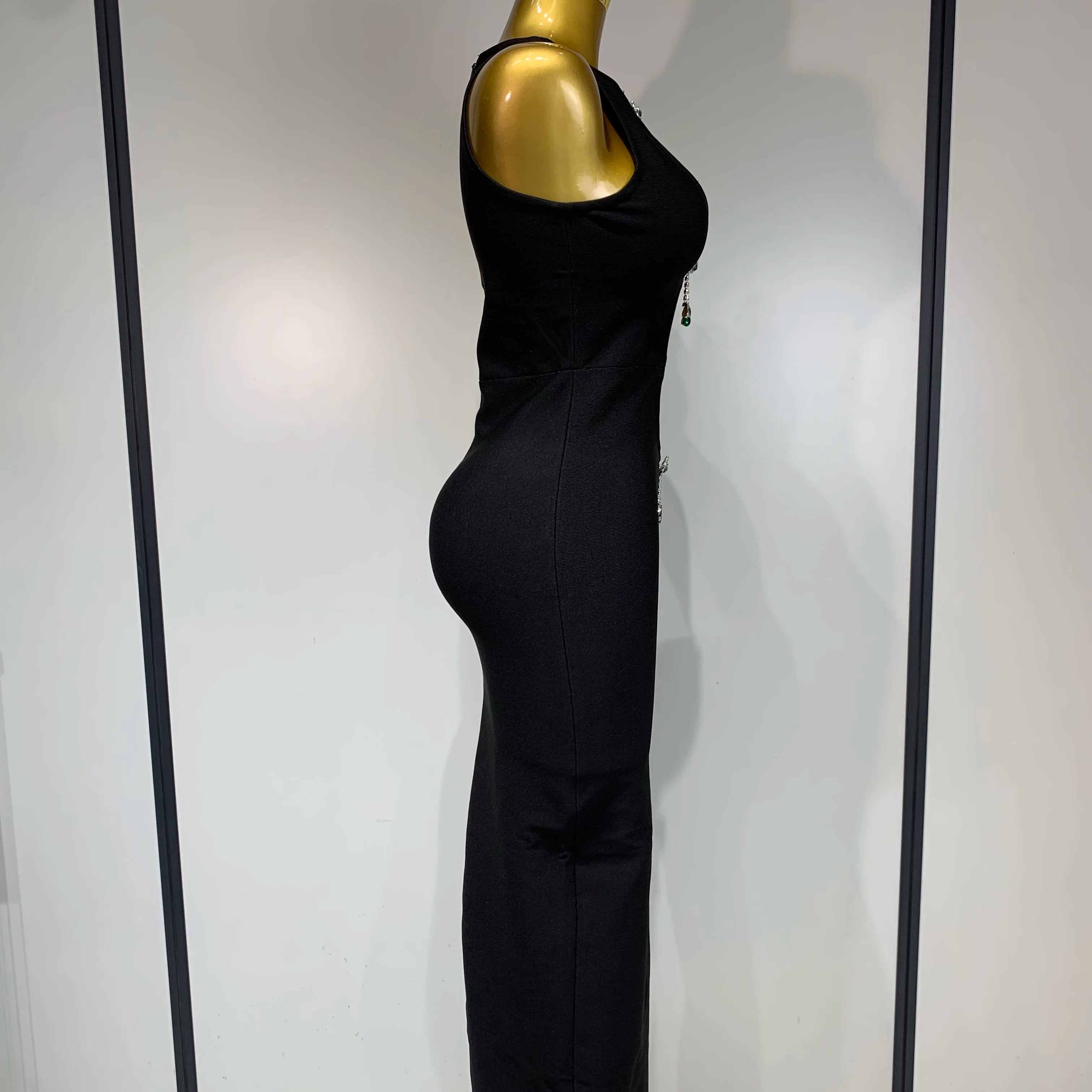 Women Celebrity Sexy Cut Out Diamonds Black Long Bodycon Bandage Dress 2025 Elegant Evening Club Party Luxury Birthday Dresses