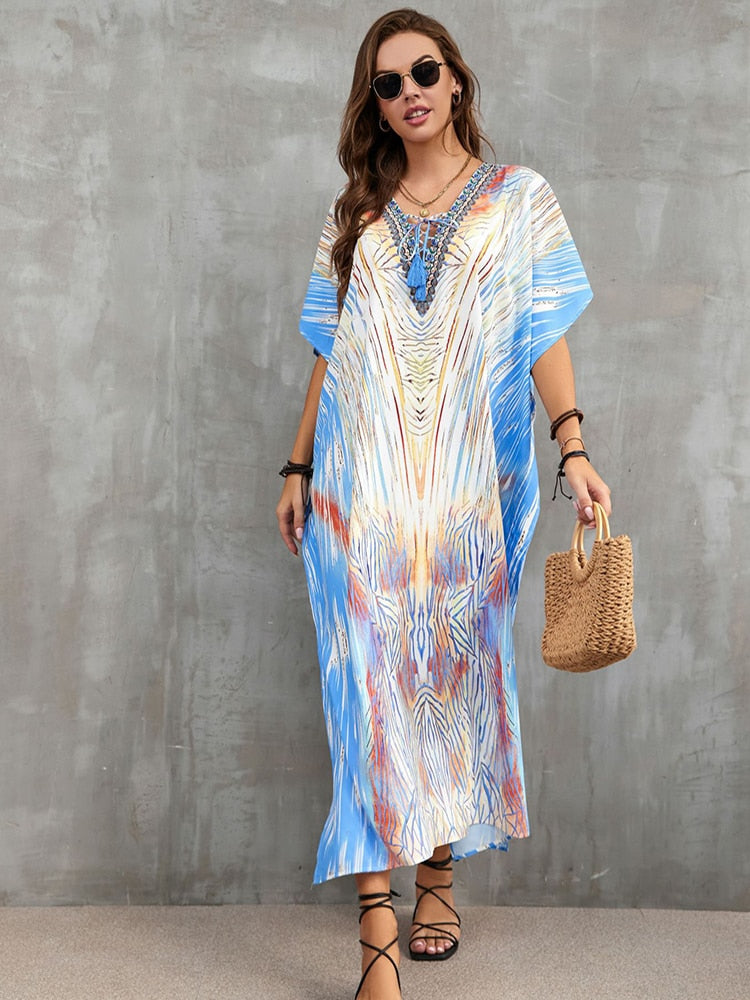 Plus Size Beach Cover Up Robe Plage Pareo Long Dress Summer Beachwear Swimsuit Cover Up Tunic For Beach Kaftan Dress Color 14 One Size