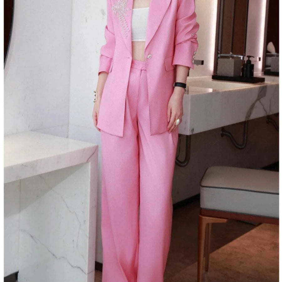 Solid Spliced Appliques Two Piece Sets for Women Lapel Long Sleeves Patchwork Button Top High Waist Pant Set Female PINK