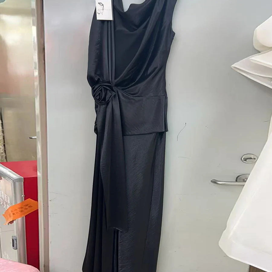 Solid Sliced 3D Flower Split Dresses for Women Swinging Collar Sleeveless Patchwork Folds Backless Dress Female New BLACK