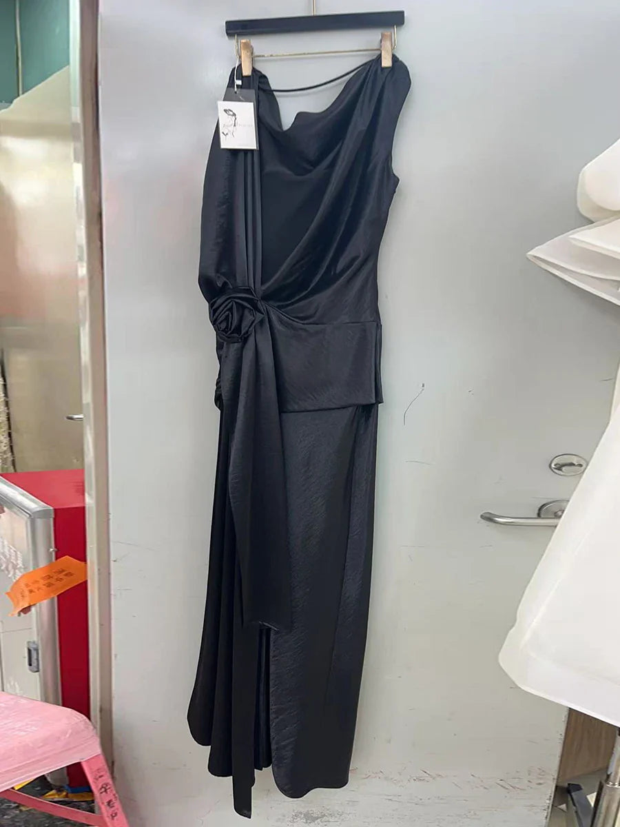 Solid Sliced 3D Flower Split Dresses for Women Swinging Collar Sleeveless Patchwork Folds Backless Dress Female New BLACK