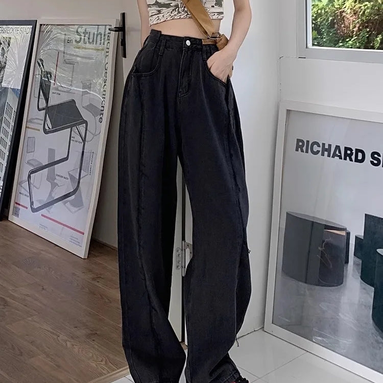 American Retro High Waist Straight Pockets Jeans Hip-hop Pants Spring Women's Grunge Streetwear Casual Y2K Denim Trouser