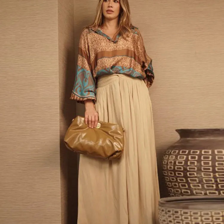 Women Loose High Waist Pant Print V Neck Long Sleeves Top 2 Pieces Sets Spring Summer Casual Street Female Outfits NEW