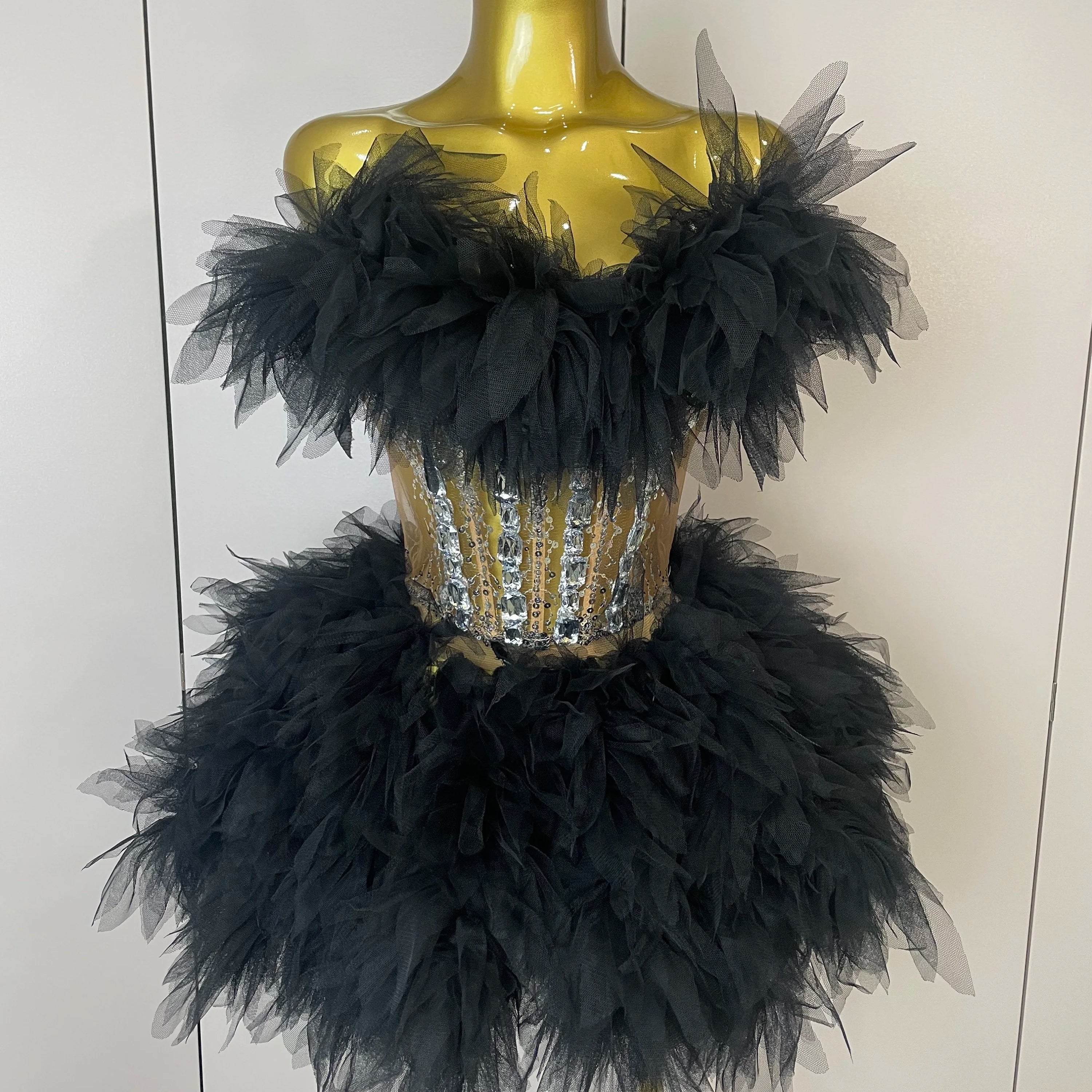 2025Women Sexy Backless Strap Mesh Fluffy Skirt 2 Pieces Diamond Sequins Stage Performance Costume Birthday Party Shooting Dress black