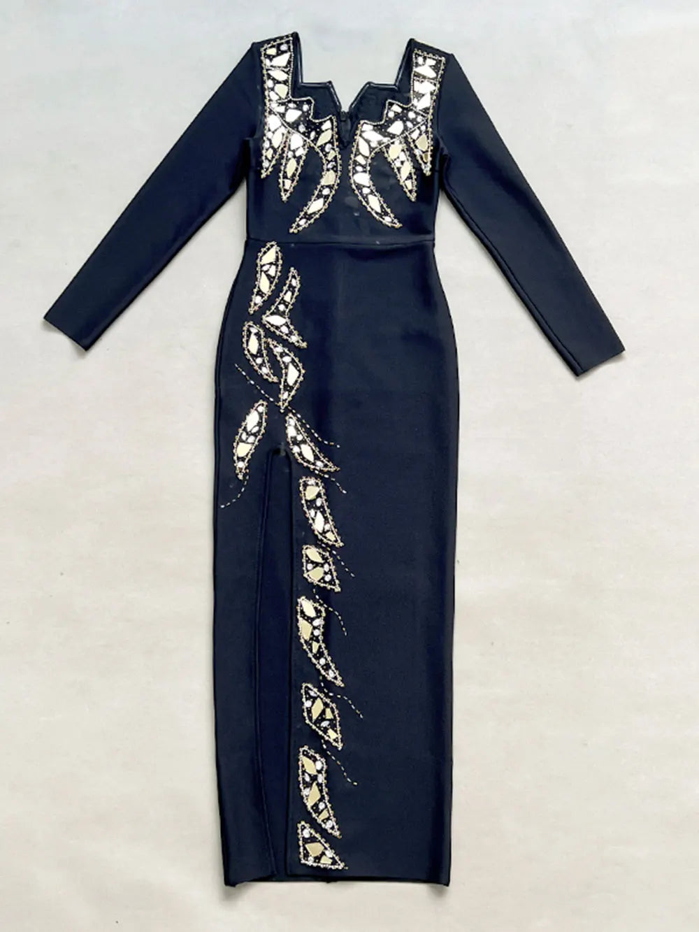 2024 Women's Heavy Industry Nail Bead Design Bandage Dress V-neck Long Sleeve Bodycon Split Length Dresses Club Party Vestido black