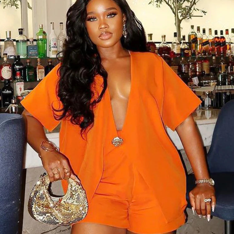 CM.YAYA Women Set v-neck Short Sleeve Shirts blazers +Shorts suits Two 2 Piece Sets Fashion 2025 OL Work Outfit Tracksuit Summer