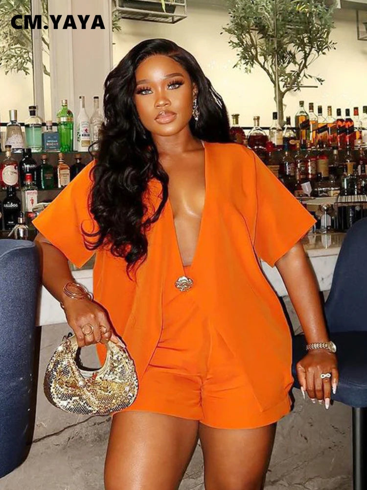 Women Set v-neck Short Sleeve Shirts blazers +Shorts suits Two 2 Piece Sets Fashion 2025 OL Work Outfit Tracksuit Summer