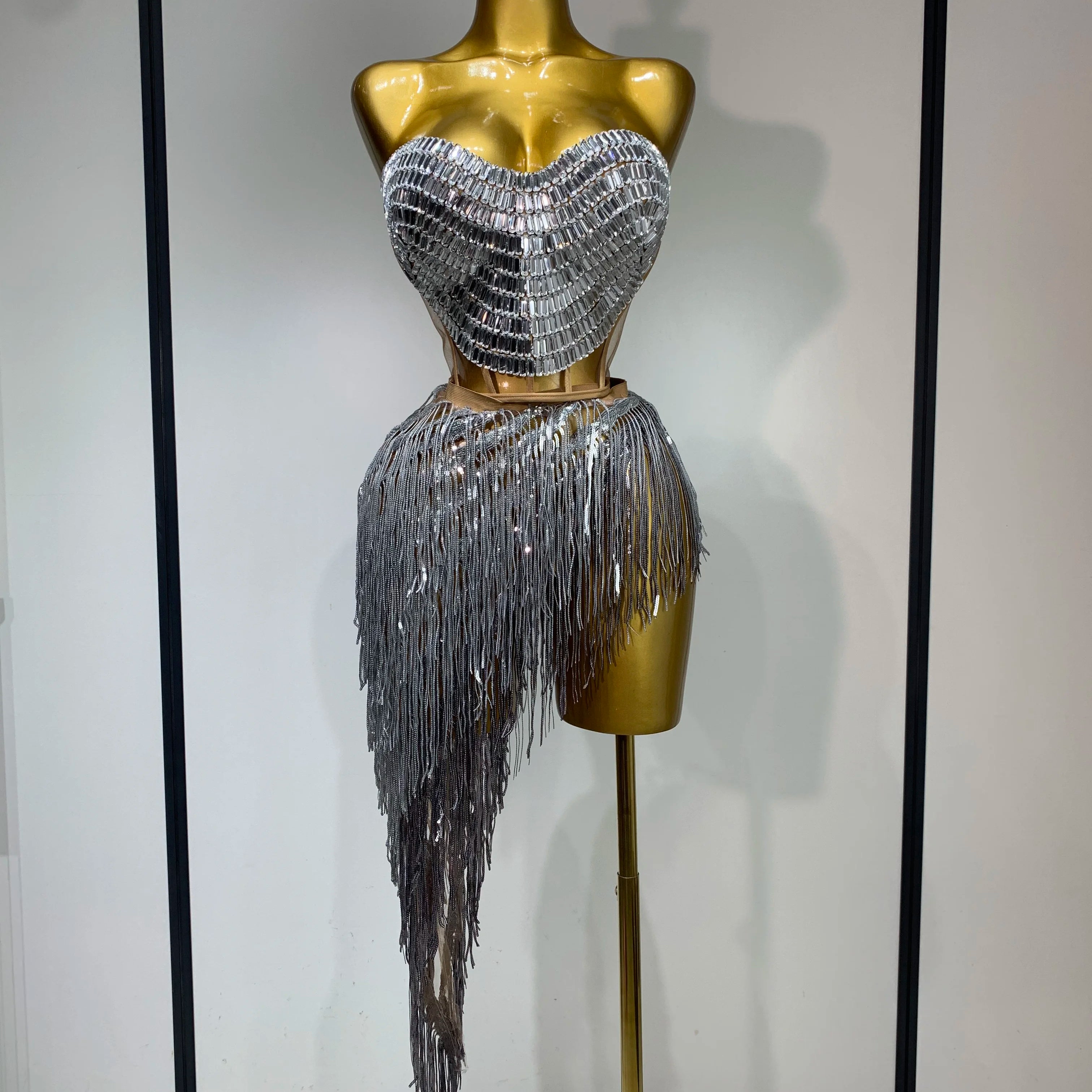 Sexy Sparkly Diamond Tassel Two Piece Set Women Evening Party Luxury Birthday Nightclub Singer Dancer Performan Stage Costume Silver