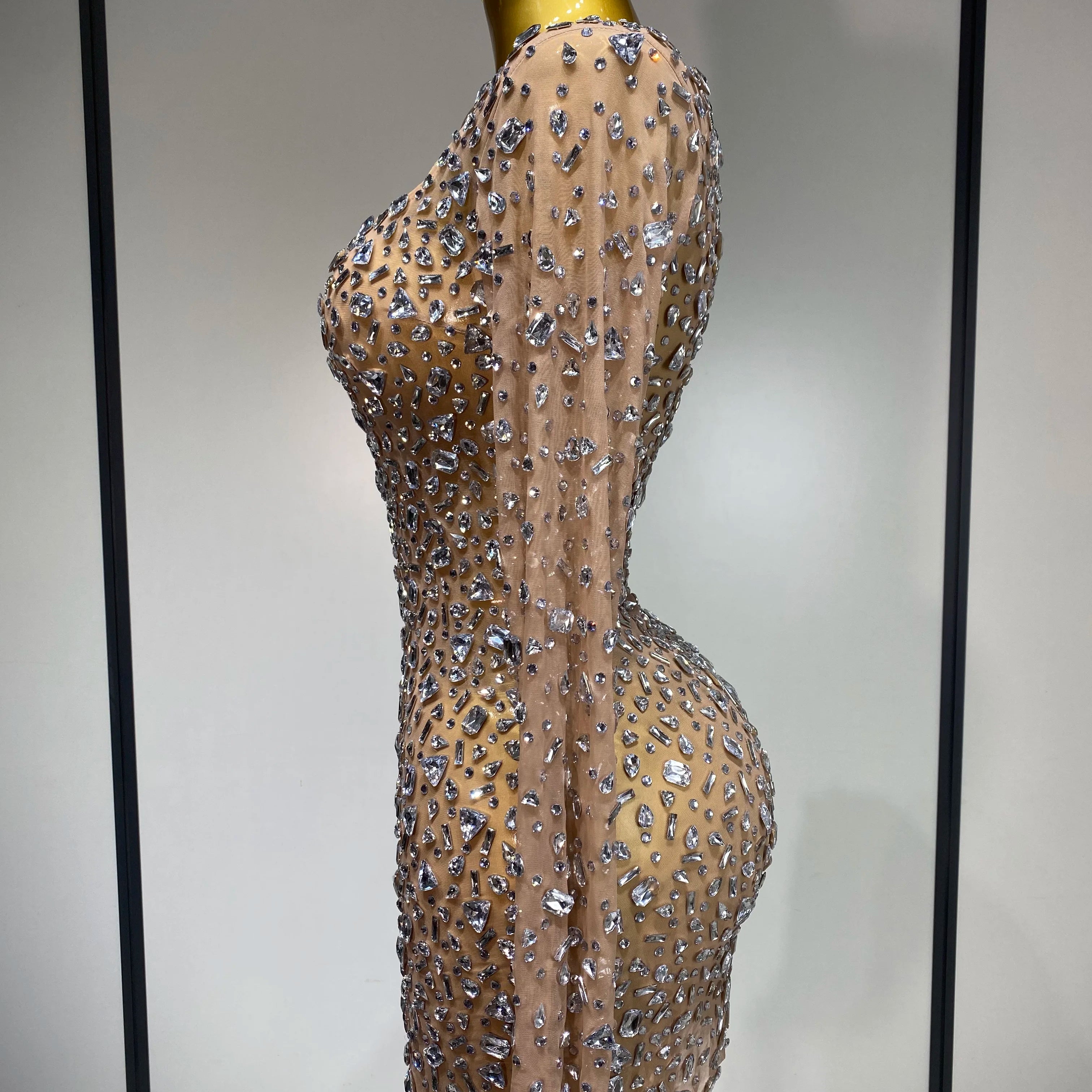 Sparkly Rhinestone Sexy Transparent Mini Dress Celebrity Evening Party Prom Birthday Photo Shoot Nightclub Stage Costume