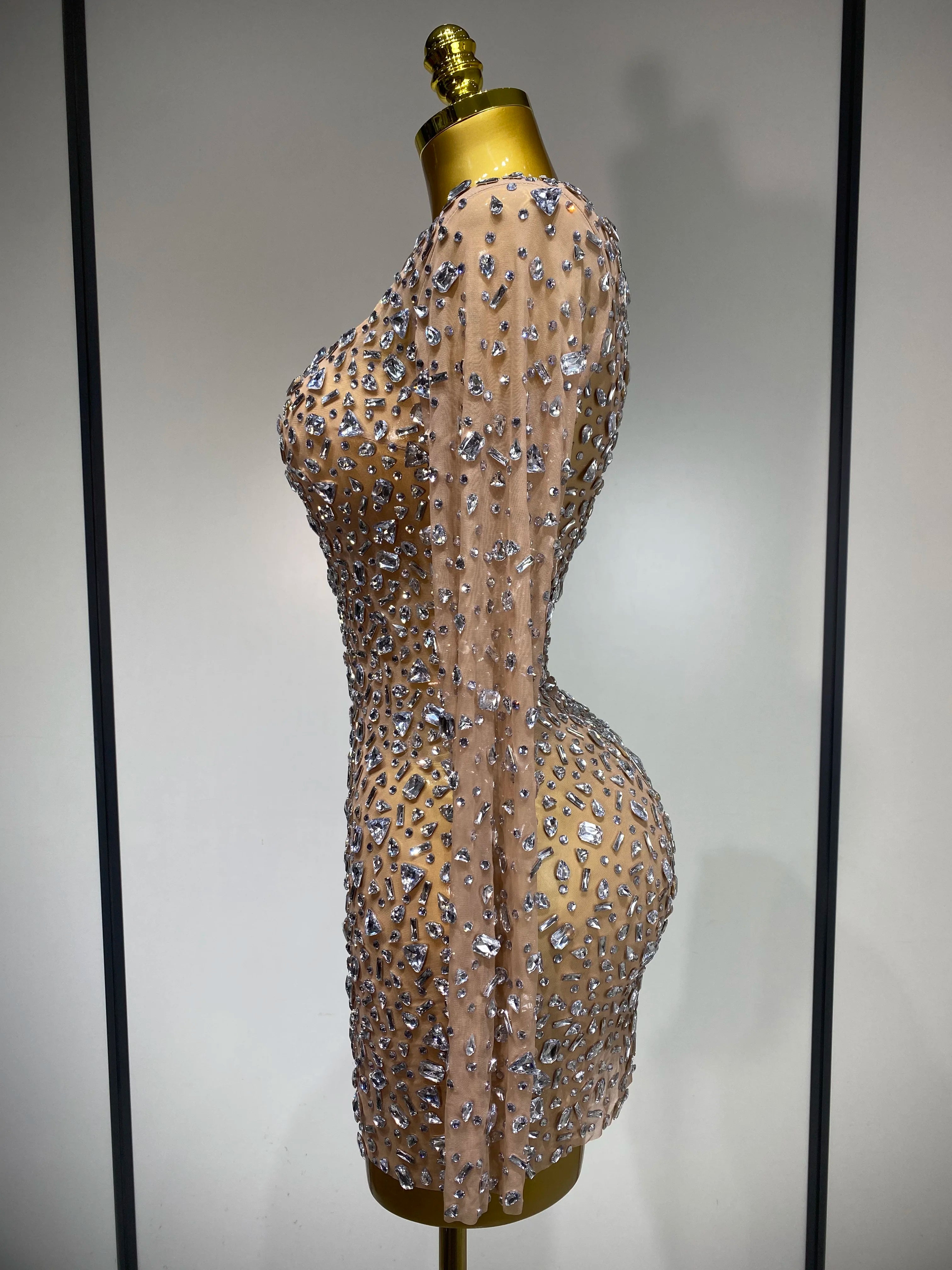 Sparkly Rhinestone Sexy Transparent Mini Dress Celebrity Evening Party Prom Birthday Photo Shoot Nightclub Stage Costume