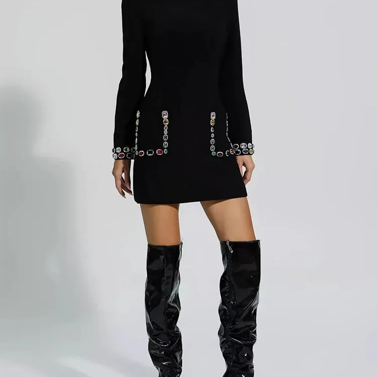 Solid Patchwork Diamonds Temperament Dress For Women Round Neck Long Sleeve High Waist Slimming Dresses Female New