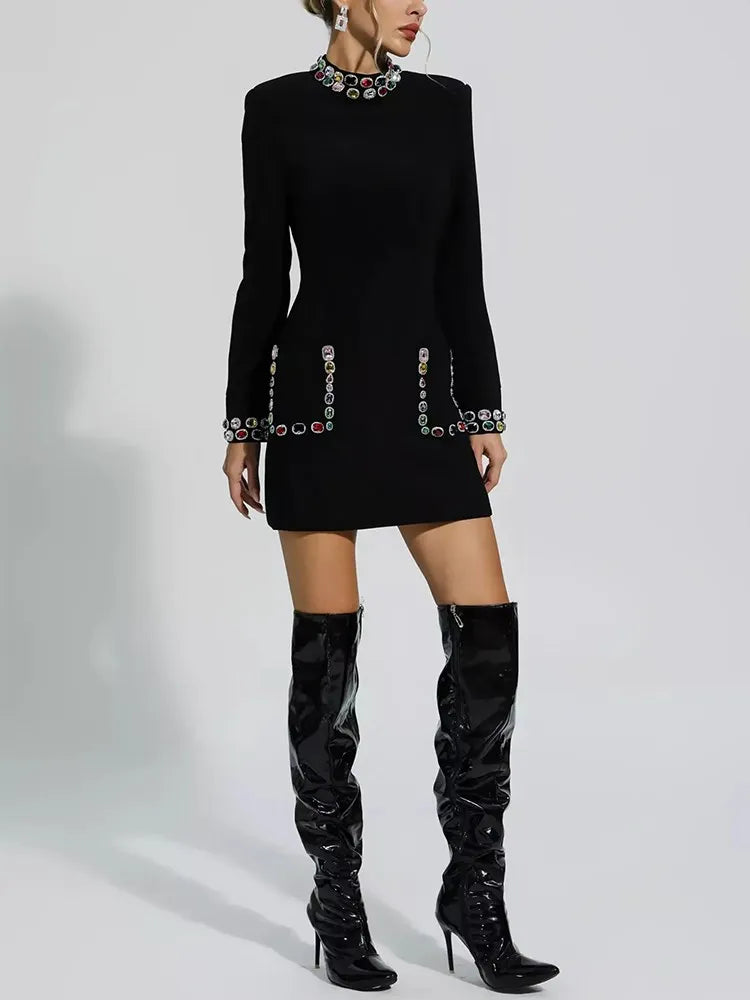 Solid Patchwork Diamonds Temperament Dress For Women Round Neck Long Sleeve High Waist Slimming Dresses Female New